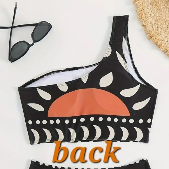 New One-Shoulder Boho Black and Orange High Waist Full Coverage Swim Set - Picture 8 of 14